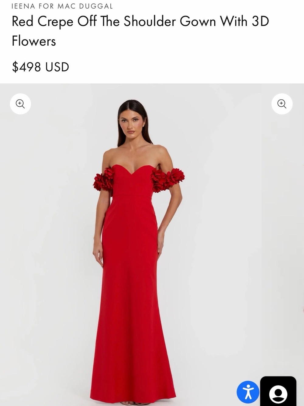 Mac Duggal Red Strapless Crepe Gown with 3D Floral Off-Shoulder Sleeves